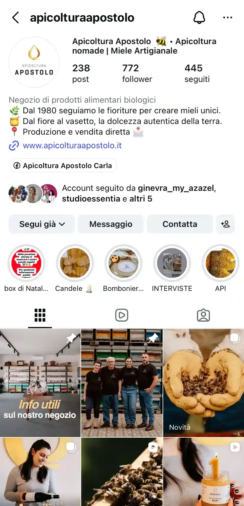 Profilo Social IG Apicoltura Apostolo Dopo Strategia instagram | Strategia instagram per un negozio fisico | Strategia social | Come si costruisce una strategia social